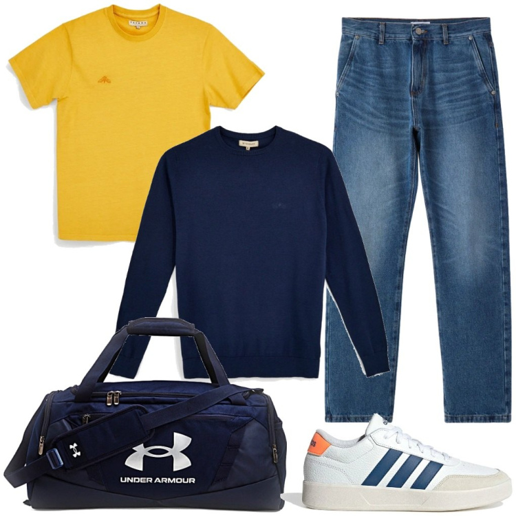 Outfit uomo - @in.palestra. Stile Urban per Tutti i giorni. Abbinamento con jeans dritti, t-shirt, sneakers, maglieria, borse sportive.