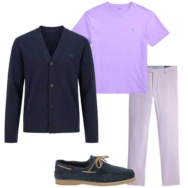 Outfit uomo - Ben arrivata primavera. Stile Trendy per Tutti i giorni. Abbinamento con cardigans, scarpe stringate, t-shirt, pantaloni.