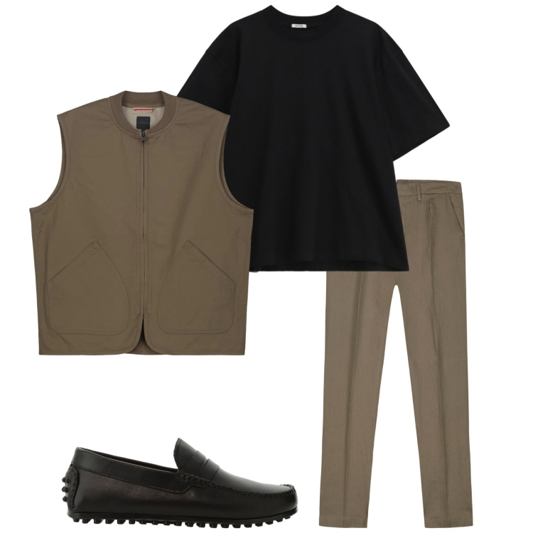 Outfit uomo - Serata con amici. Stile Trendy per Serata speciale. Abbinamento con t-shirt, scarpe stringate, pantaloni, gilet.