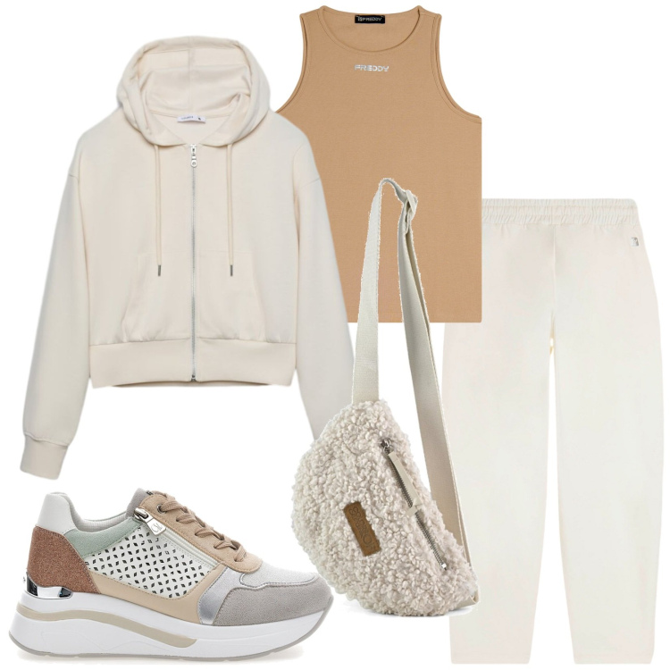 Outfit donna - Bianco per il tempo libero. Stile Casual per Sport. Abbinamento con canottiere, pantaloni, marsupi, felpe con cappuccio, sneakers alte.