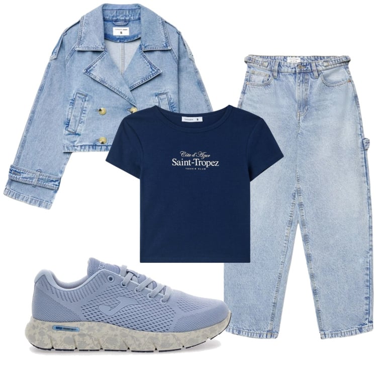 Outfit donna - Total look #2376082. Stile Casual per Scuola/Università. Abbinamento con caban, jeans, t-shirt, sneakers.