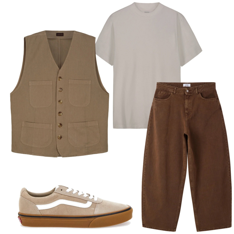Outfit uomo - Casual style. Stile Casual per Tutti i giorni. Abbinamento con t-shirt, sneakers, gilet, jeans dritti.