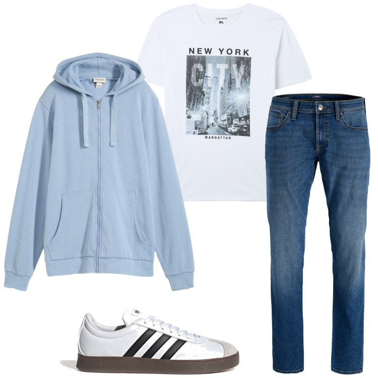 Outfit uomo - Casual style. Stile Casual per Tutti i giorni. Abbinamento con felpe con cappuccio, jeans slim fit, t-shirt, sneakers.