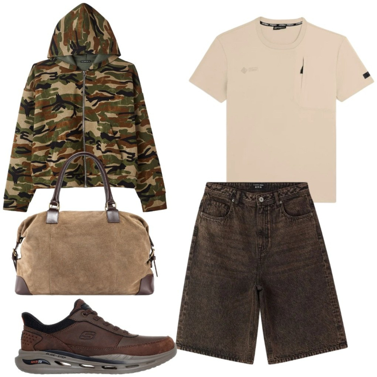 Outfit uomo - #primo.caldo. Stile Urban per Tutti i giorni. Abbinamento con t-shirt, sneakers, borse sportive, felpe con cappuccio, bermuda.