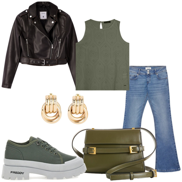 Outfit donna - Pronta per uscire. Stile Trendy per Tutti i giorni. Abbinamento con borse a tracolla, orecchini, canottiere, sneakers alte, giacche, jeans a zampa.