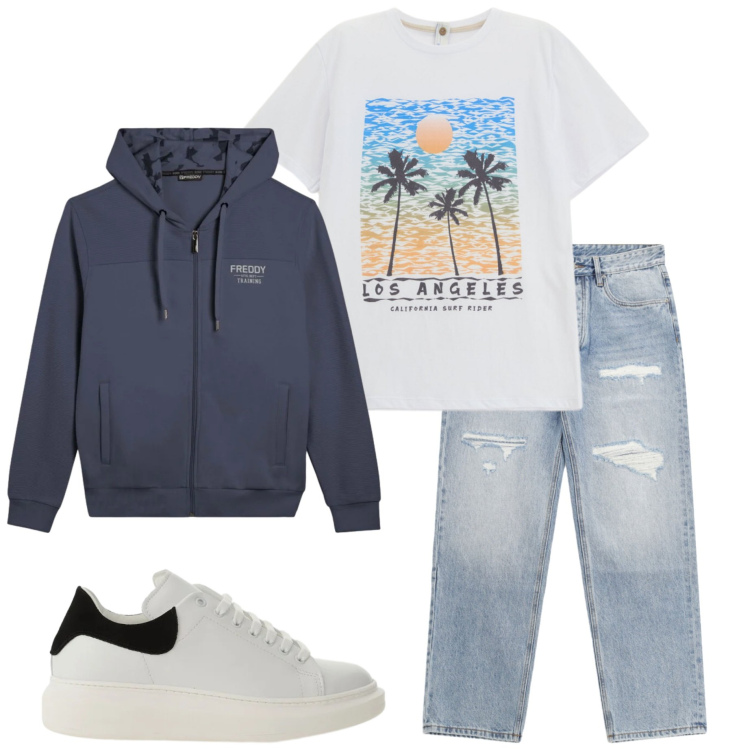 Outfit uomo - Los Angeles. Stile Casual per Tutti i giorni. Abbinamento con jeans strappati, t-shirt, sneakers, felpe con cappuccio.