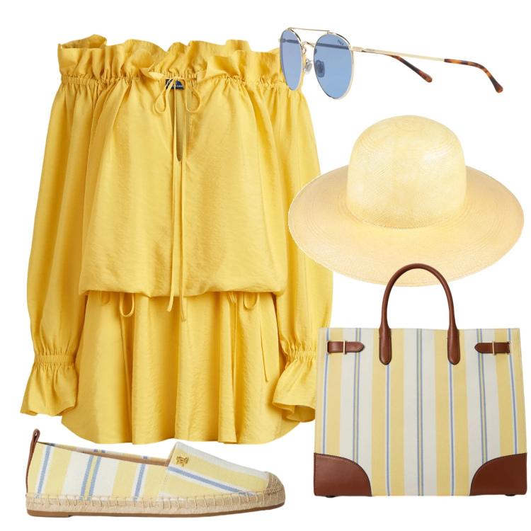 Outfit donna - Passeggiata al mare. Stile Basic per Mare. Abbinamento con cappelli, vestiti, borse tote, espadrillas, occhiali da sole.
