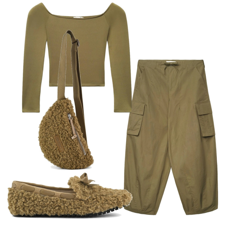 Outfit donna - Total look #2376101. Stile Trendy per Tutti i giorni. Abbinamento con pantaloni cargo, t-shirt, marsupi, mocassini.