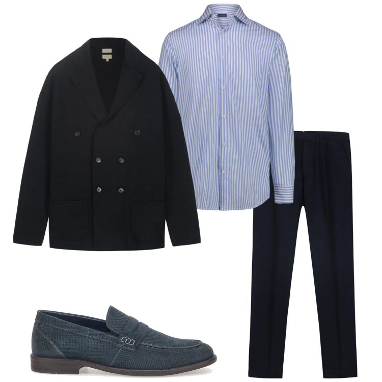 Outfit uomo - Cardigan blu. Stile Business/Elegante per Ufficio. Abbinamento con scarpe stringate, pantaloni, cardigans, camicie.
