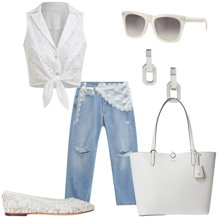 Outfit donna - Jeans con il pizzo. Stile Casual chic per Tutti i giorni. Abbinamento con top, jeans strappati, ballerine, occhiali da sole, orecchini, borse tote.