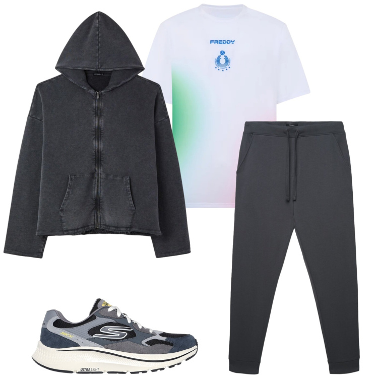Outfit uomo - Allenamento mattutino. Stile Casual per Sport. Abbinamento con t-shirt, felpe con cappuccio, scarpe sportive, pantaloni sportivi.
