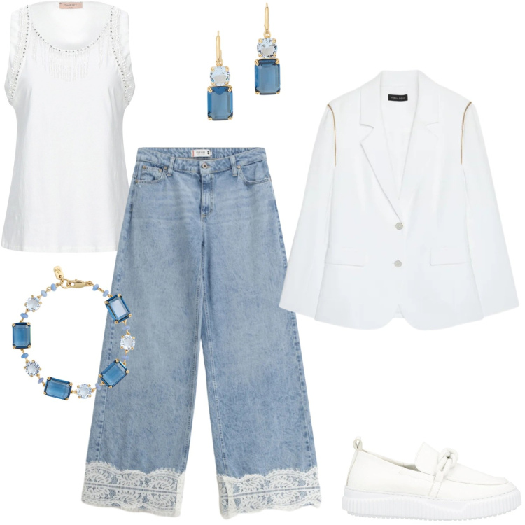 Outfit donna - Light as cloud. Stile Sporty chic per Tutti i giorni. Abbinamento con top, mocassini, blazer, jeans, orecchini, braccialetti.