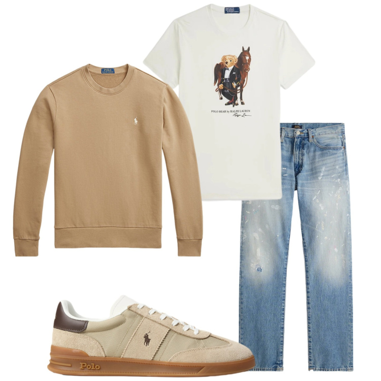 Outfit uomo - Polo Ralph Lauren. Stile Casual per Tutti i giorni. Abbinamento con felpe, jeans dritti, sneakers, t-shirt.