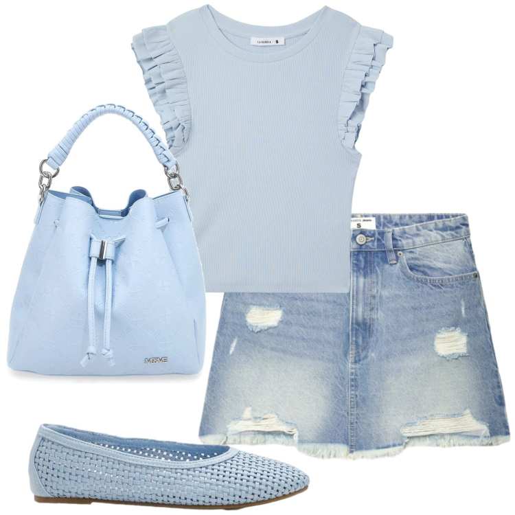 Outfit donna - Total look #2376114. Stile Casual per Tutti i giorni. Abbinamento con ballerine, t-shirt, minigonne, borse a secchiello.