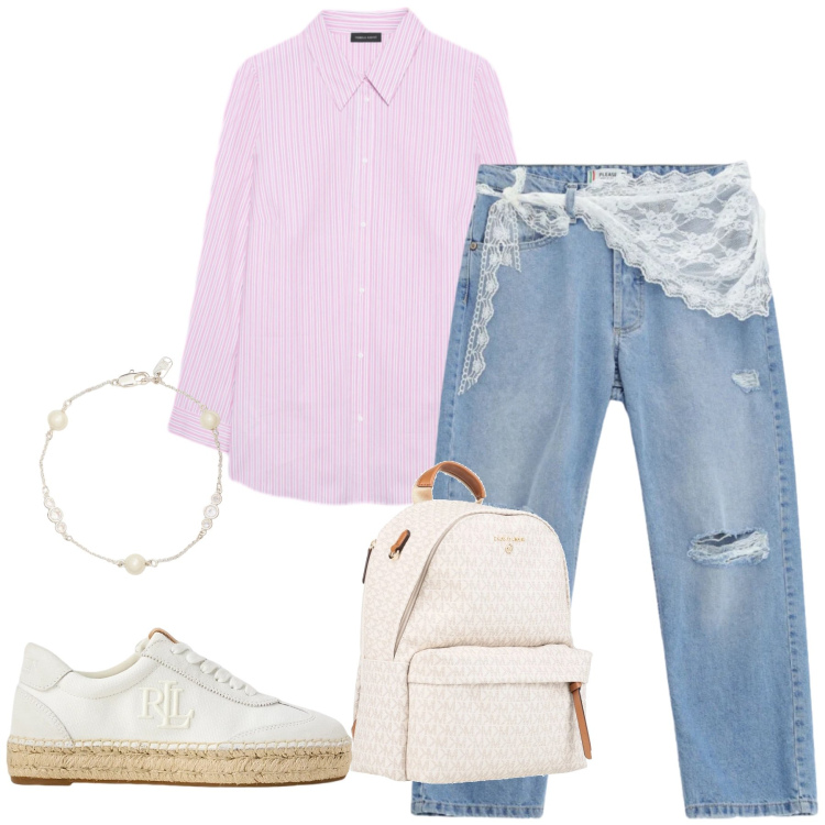 Outfit donna - Urban Romance. Stile Romantica per Tutti i giorni. Abbinamento con zaini, camicie, jeans strappati, sneakers, braccialetti.