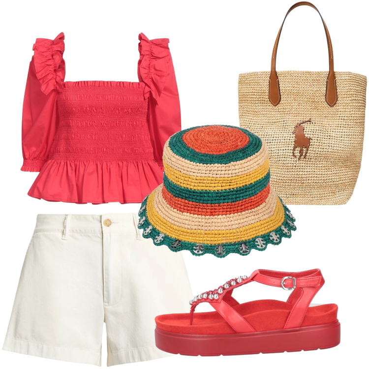 Outfit donna - L\'estate multicolor!. Stile Sporty chic per Mare. Abbinamento con cappelli, top, ciabatte, borse tote, shorts.