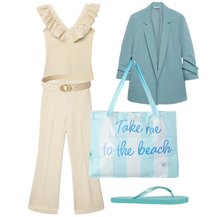 Outfit donna - Voglia di mare. Stile Casual chic per Tutti i giorni. Abbinamento con cinture, blazer, top, borse tote, pantaloni, infradito.