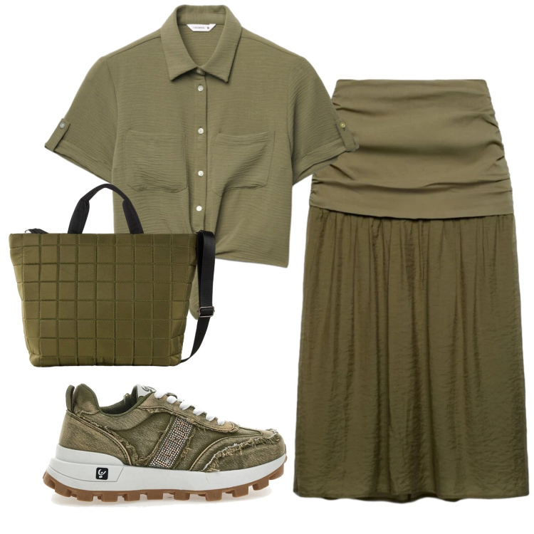 Outfit donna - Total look #2376119. Stile Basic per Tutti i giorni. Abbinamento con shopping bag, sneakers, camicie a manica corta, gonne longuette.