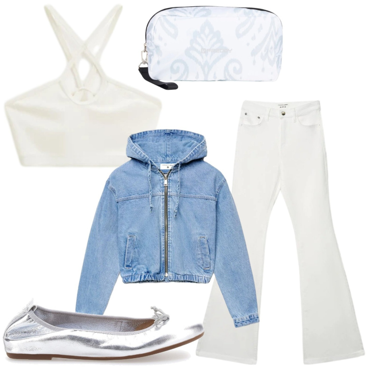 Outfit donna - Light as Cloud. Stile Casual per Tutti i giorni. Abbinamento con jeans a zampa, bomber, top, valigie, ballerine.