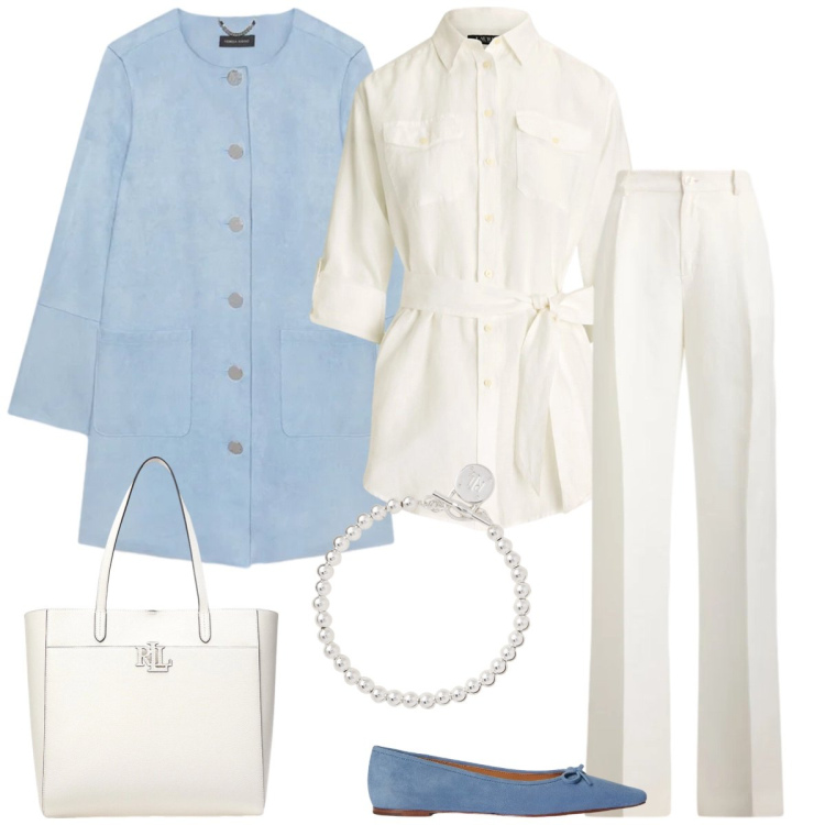 Outfit donna - Total look #2376126. Stile Casual chic per Tutti i giorni. Abbinamento con cappotti, braccialetti, camicie, borse tote, ballerine, pantaloni.