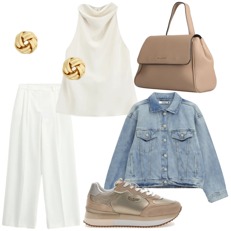 Outfit donna - Light as Cloud. Stile Minimal per Tutti i giorni. Abbinamento con zaini, blazer, top, pantaloni a palazzo, orecchini, sneakers.