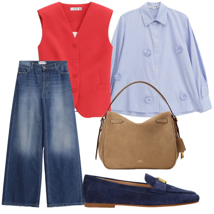 Outfit donna - Spring in Sale. Stile Glamour per Tutti i giorni. Abbinamento con gilet, jeans, camicie, mocassini, borse a mano.