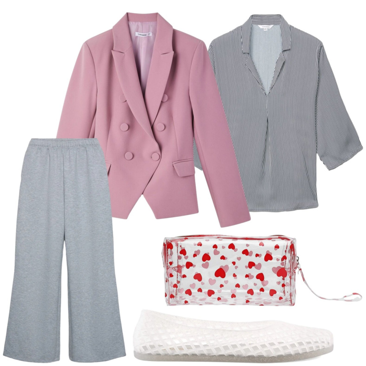 Outfit donna - Curve in movimento. Stile Minimal per Tutti i giorni. Abbinamento con valigie, camicie, pantaloni, blazer, ballerine.