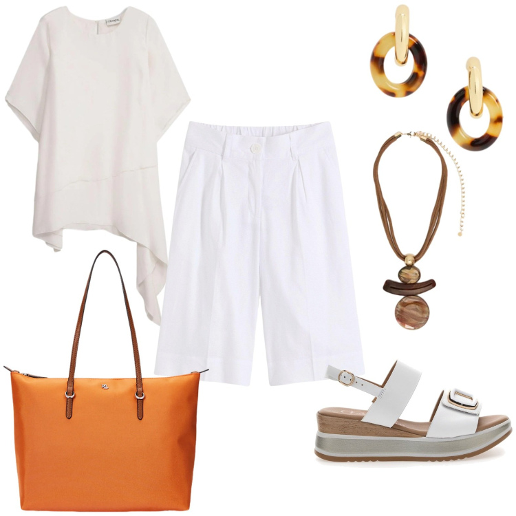 Outfit donna - Morfologia rotonda "O". Stile Etnico per Tutti i giorni. Abbinamento con bermuda, bluse, ciondoli, orecchini, borse tote, sandali.