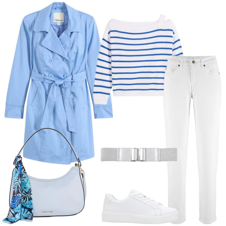 Outfit donna - Total look #2376132. Stile Casual chic per Tutti i giorni. Abbinamento con jeans mom, sneakers, trench, maglieria, borse a mano, cinture.