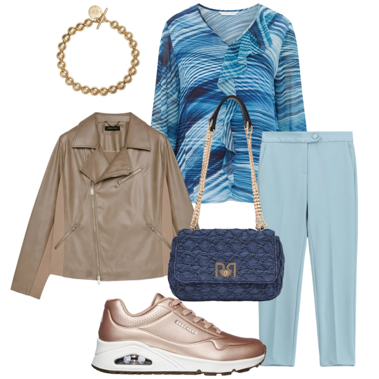Outfit donna - Pantaloni affusolati. Stile Minimal per Tutti i giorni. Abbinamento con blazer, bluse, pantaloni, borse a spalla, braccialetti, sneakers.