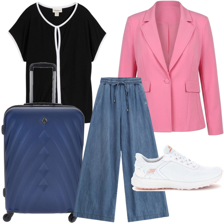 Outfit donna - Weekend glamour. Stile Glamour per Tutti i giorni. Abbinamento con t-shirt, blazer, jeans, valigie, sneakers.