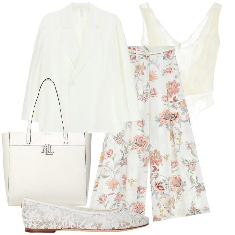 Outfit donna - White. Stile Casual chic per Serata fuori. Abbinamento con top, blazer, pantaloni a palazzo, borse tote, ballerine.