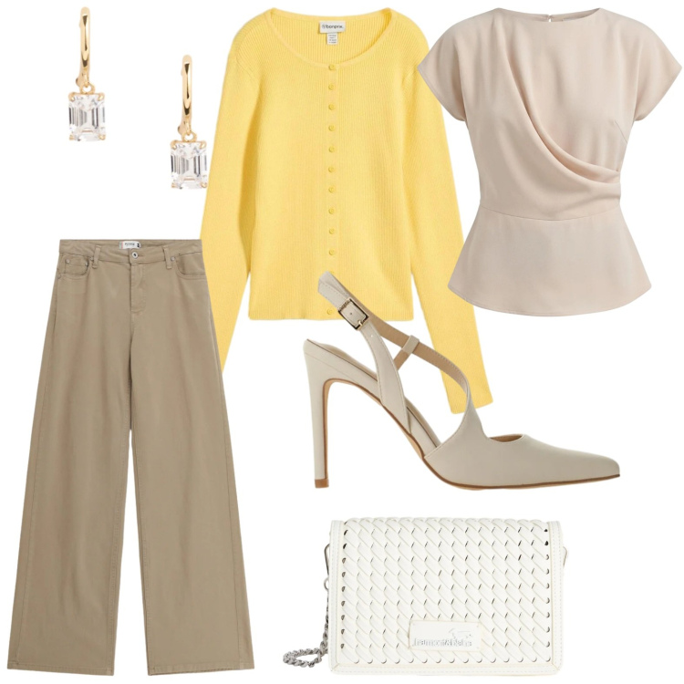 Outfit donna - La blusa versatile. Stile Basic per Tutti i giorni. Abbinamento con cardigans, borse a tracolla, décolleté, bluse, pantaloni, orecchini.