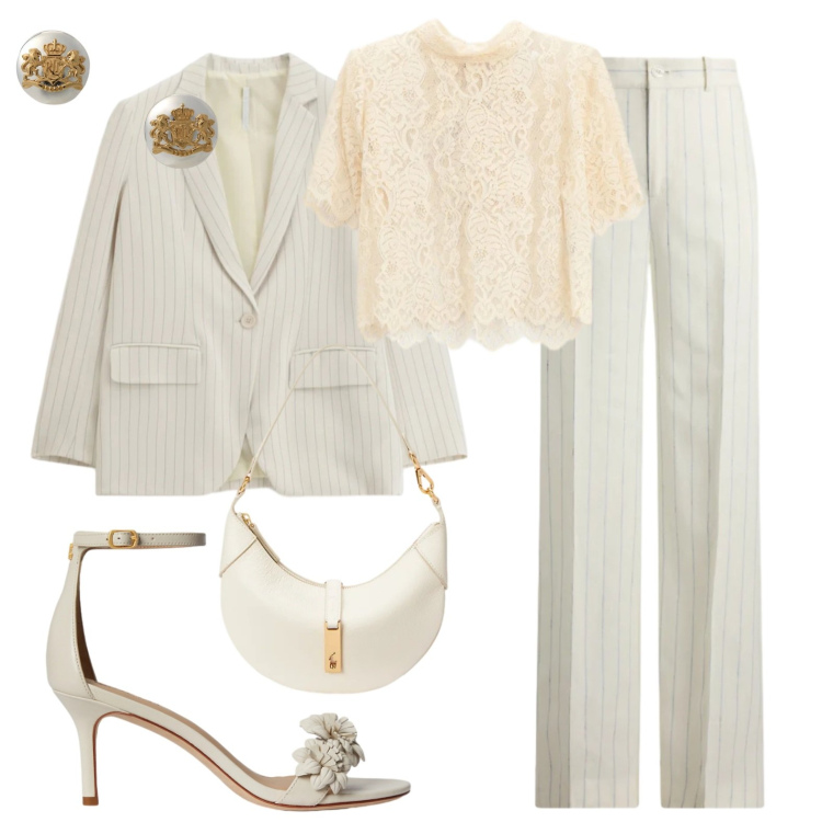Outfit donna - Gessato. Stile Glamour per Serata fuori. Abbinamento con blazer, top, orecchini, borse a spalla, sandali in pelle, pantaloni.