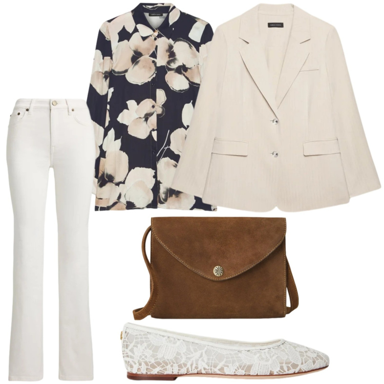 Outfit donna - Ballerine in pizzo. Stile Glamour per Tutti i giorni. Abbinamento con camicie, blazer, borse a tracolla, ballerine, jeans dritti.