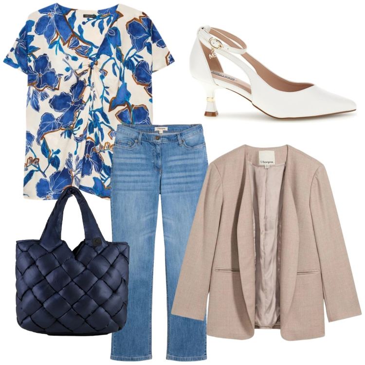 Outfit donna - La blusa floreale. Stile Basic per Tutti i giorni. Abbinamento con jeans dritti, blazer, bluse, borse tote, décolleté.