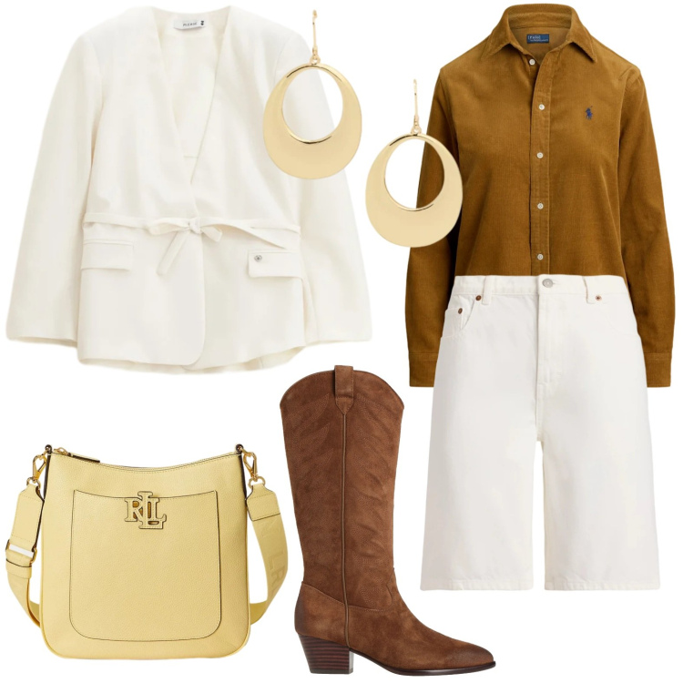 Outfit donna - Blazer con cintura. Stile Basic per Tutti i giorni. Abbinamento con stivali, blazer, camicie, borse a tracolla, orecchini, shorts.