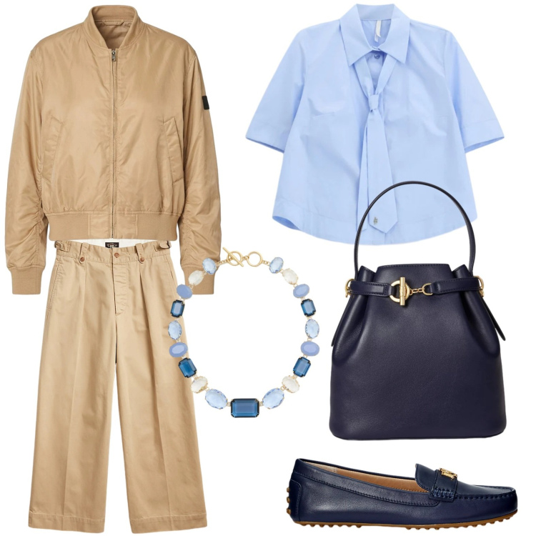 Outfit donna - Camicia cropped. Stile Casual per Ufficio. Abbinamento con camicie a manica corta, bomber, mocassini, pantaloni, collane, borse a secchiello.