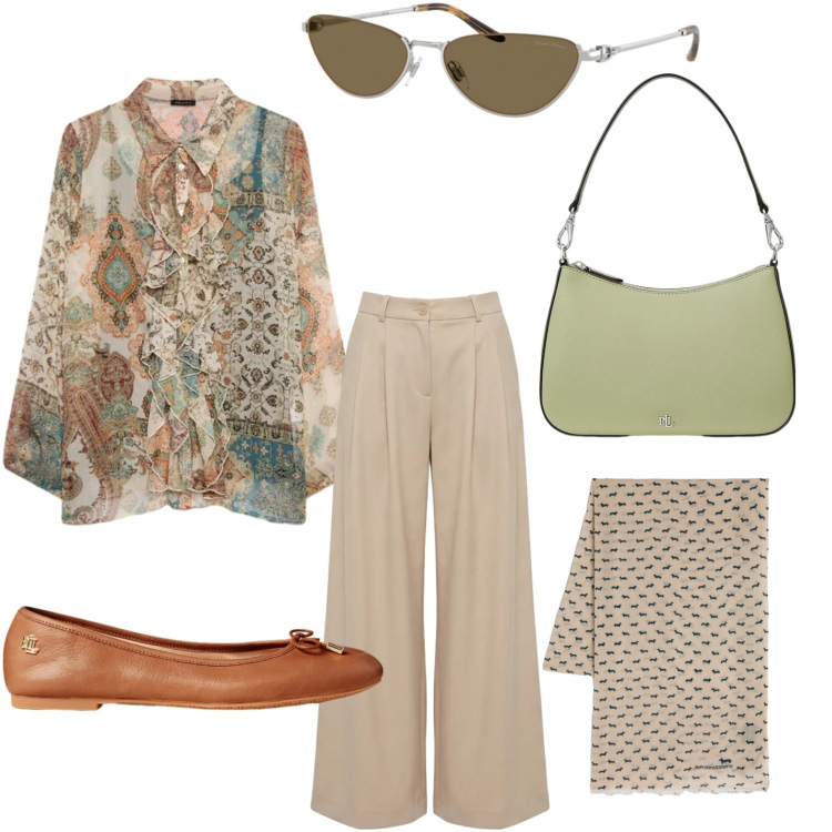 Outfit donna - Camicia chic. Stile Chic per Ufficio. Abbinamento con camicie, sciarpe, pantaloni, borse a spalla, ballerine, occhiali da sole.