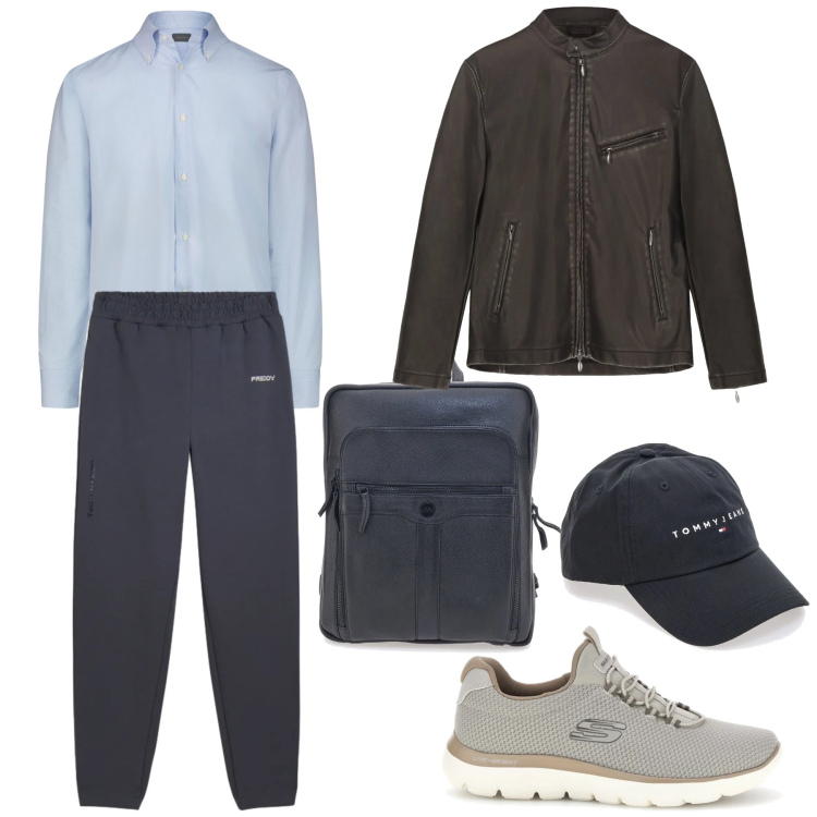 Outfit uomo - Un vero sportivo. Stile Trendy per Tutti i giorni. Abbinamento con pantaloni, borse sportive, giacche, cappelli con visiera, camicie, sneakers.