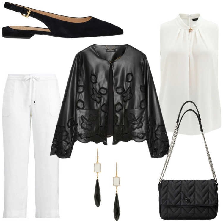 Outfit donna - Chandelier con pietre. Stile Minimal per Tutti i giorni. Abbinamento con blazer, top, pantaloni, borse a tracolla, orecchini, ballerine.