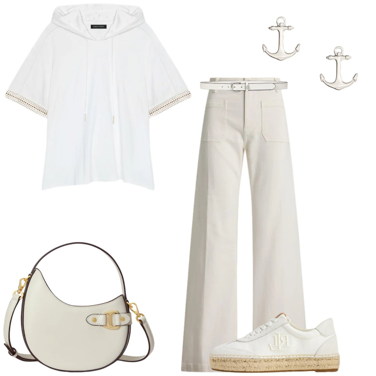 Outfit donna - Light as Cloud. Stile Casual per Tutti i giorni. Abbinamento con t-shirt, sneakers, cinture, borse a tracolla, jeans, orecchini.