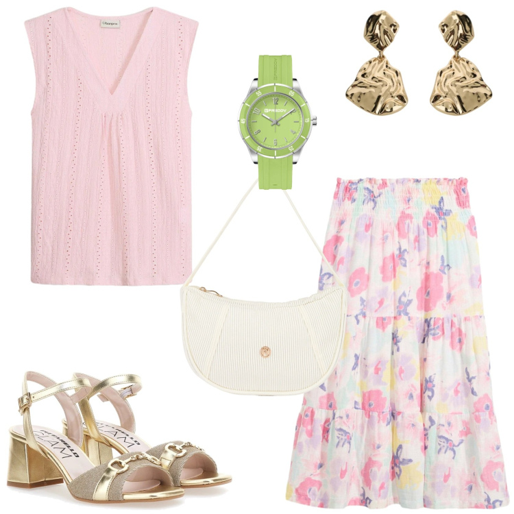 Outfit donna - I colori pastello. Stile Romantica per Tutti i giorni. Abbinamento con top, gonne longuette, orecchini, orologi, borse a mano, sandali col tacco.