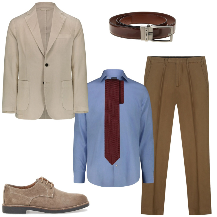 Outfit uomo - Giacca leggera di stagione. Stile Business/Elegante per Ufficio. Abbinamento con giacche, scarpe stringate, camicie, pantaloni, cravatte, cinture.