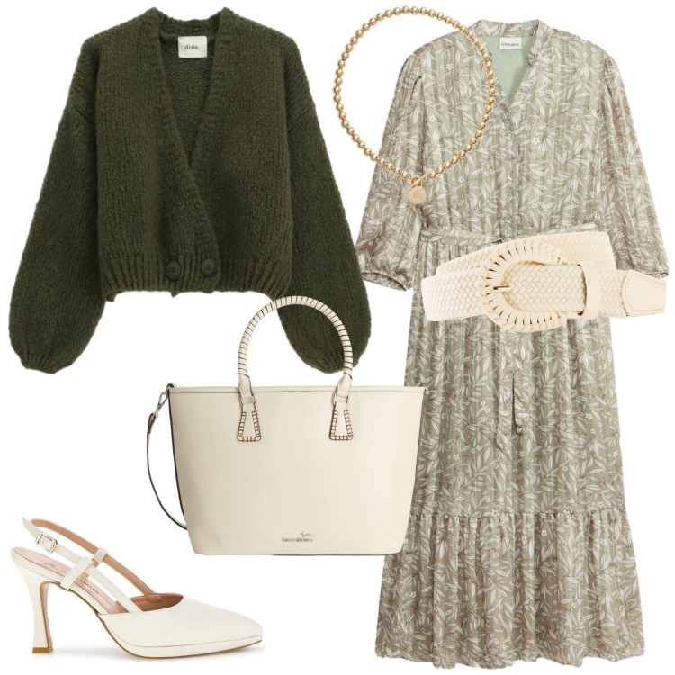 Outfit donna - Il verde e il bianco panna. Stile Romantica per Tutti i giorni. Abbinamento con cinture, vestiti chemisier, shopping bag, cardigans, collane, décolleté.