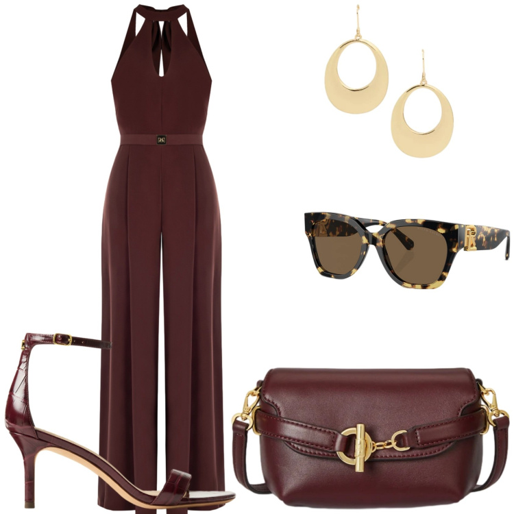 Outfit donna - Cerimonia estiva di mattina. Stile Chic per Cerimonia. Abbinamento con tute, borse a tracolla, sandali in pelle, occhiali da sole, orecchini.