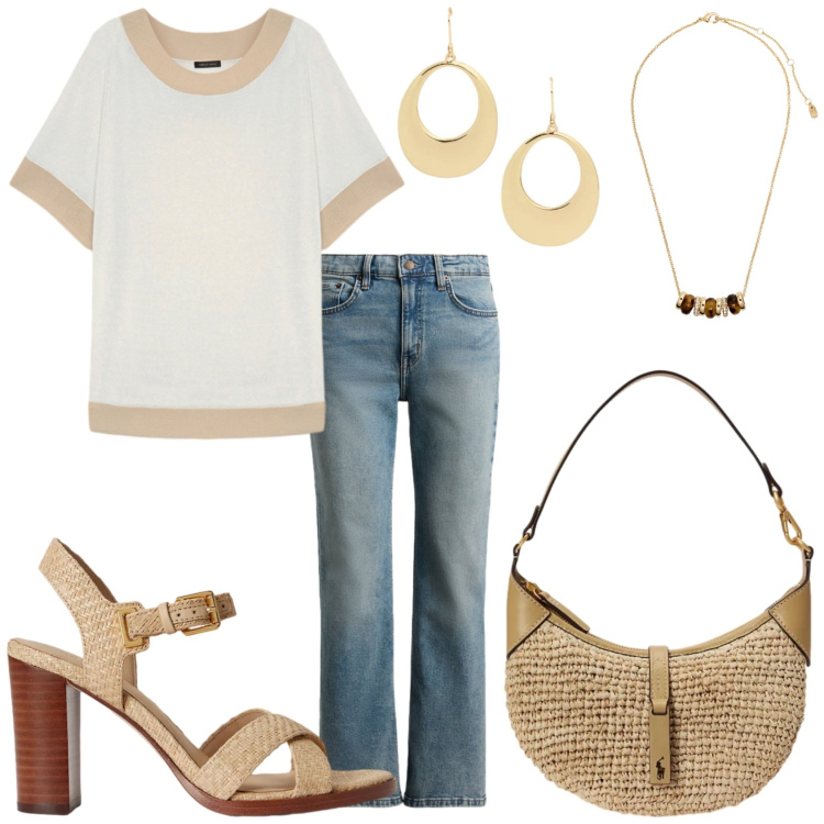 Outfit donna - Jeans e sandali. Stile Casual per Tutti i giorni. Abbinamento con t-shirt, jeans dritti, sandali col tacco, collane, orecchini, borse a spalla.