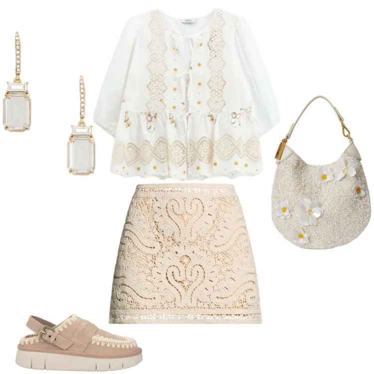 Outfit donna - Blusa ricamata con gonna svasata. Stile Boho per Tutti i giorni. Abbinamento con décolleté, minigonne, bluse, orecchini, pochette.