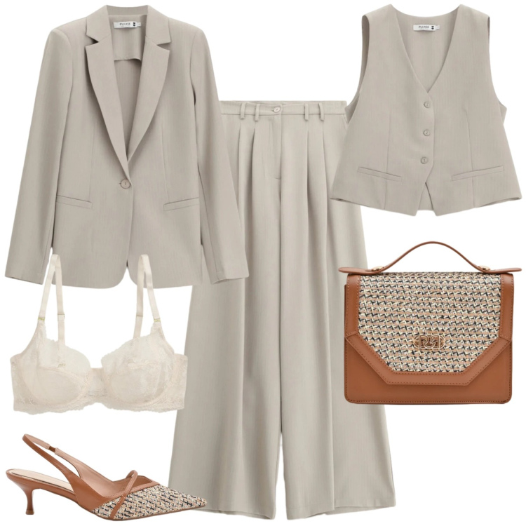 Outfit donna - Occasioni formali. Stile Chic per Ufficio. Abbinamento con pochette, décolleté, gilet, blazer, pantaloni a palazzo, reggiseni.