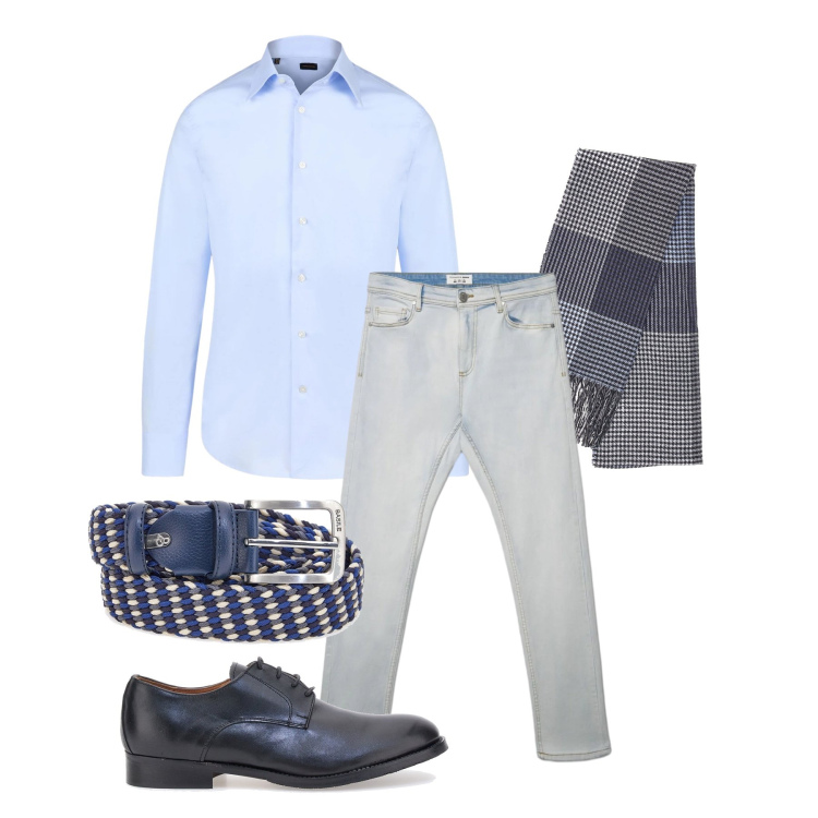 Outfit uomo - Aprile. Stile Trendy per Tutti i giorni. Abbinamento con camicie, sciarpe, scarpe stringate, cinture, jeans skinny.